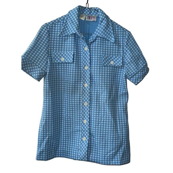 Vintage 1970s ZIO by Youngja Blue Gingham Short Sleeve Button Shirt Top Sz 9/10 - Picture 1 of 7